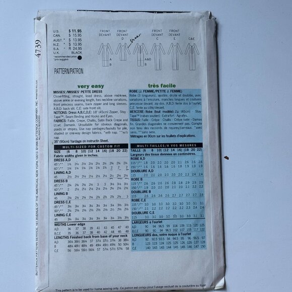 Butterick 4739 straight lined dress with neckline and hem options, long sleeves - Picture 2 of 3